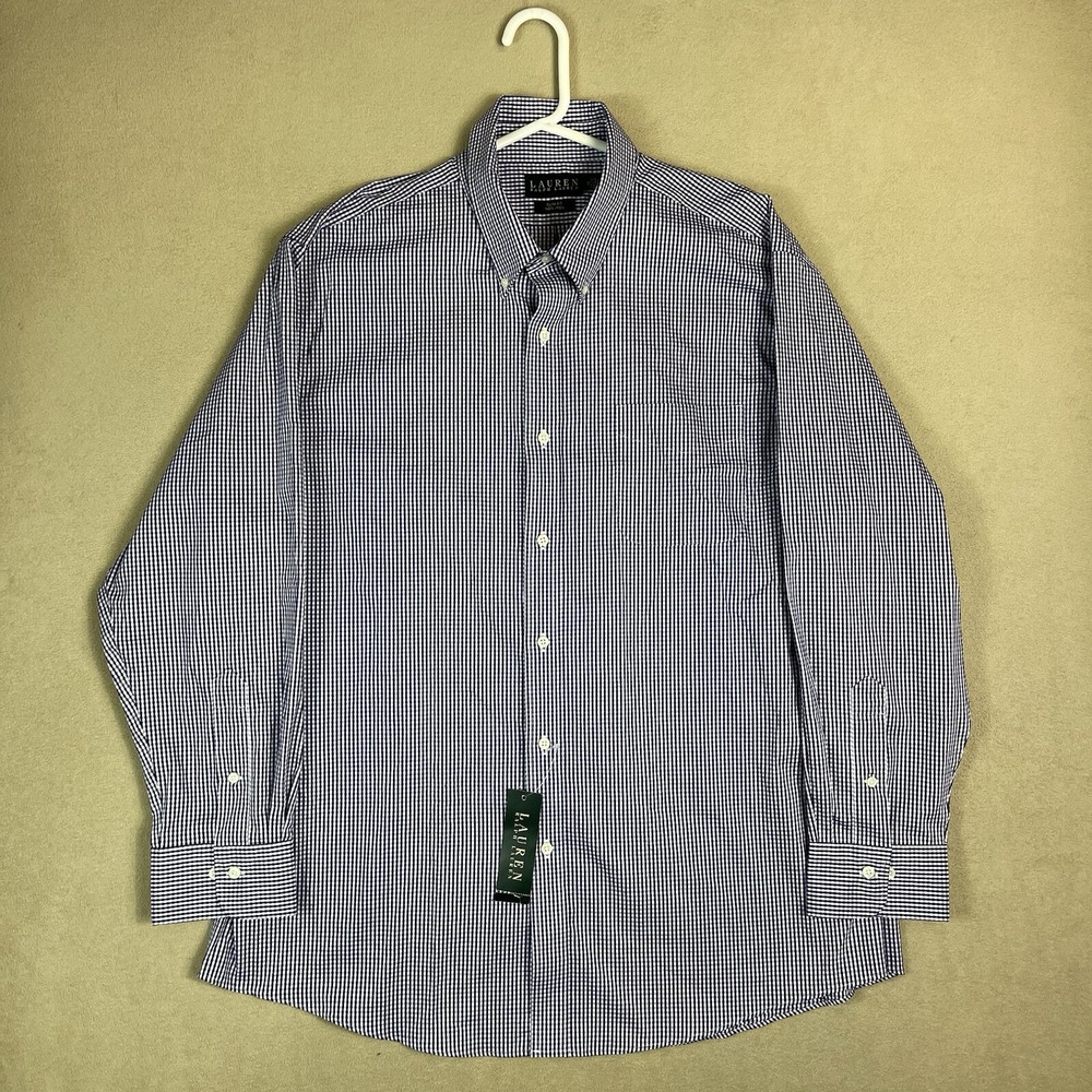 Lauren Ralph Lauren Dress Shirt Mens 18 34/35 Purple Gingham Slim Fit Non Iron